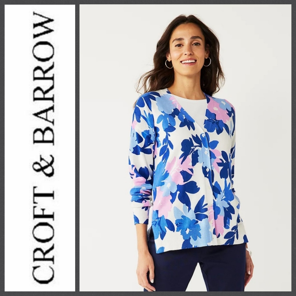 🆑️3/$15 Croft & Barrow Women's Spring Blue & Pink Floral Cardigan Sweater